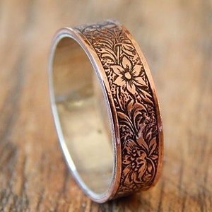 ANTIQUED FLORAL Silver & Copper // Men's Wedding Ring // Women's Wedding Ring // Men's Wedding Band // Women's Wedding Band // Unique Band