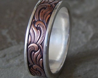 PAISLEY Western Silver & Copper // Mens Wedding Band // Womens Wedding Band // Copper Wedding Band // Mens Wedding Ring
