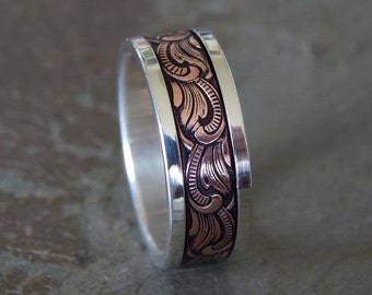 10mm PAISLEY Silver Copper Wedding Band // Mens Wedding Band // Womens Wedding Band // Silver Wedding Band // Copper Wedding Band // Unique