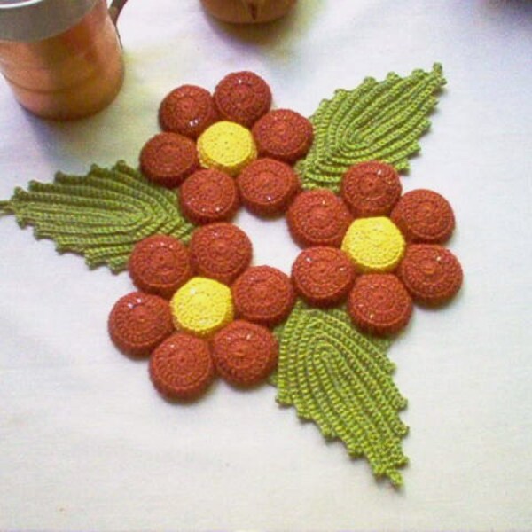Autumn Russet Flower Hot Plate Mat Trivet Crochet Thread Art