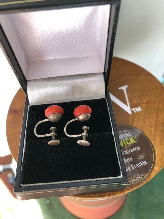 Antique Blood Coral Screw On Stud Earrings