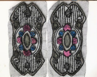 A matching pair 1920's Art Deco Vintage Beaded and Chenille Embroidered Motifs Imaculate
