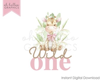 Pink Giraffe Wild One, 1st Birthday Clipart (Digital Download)