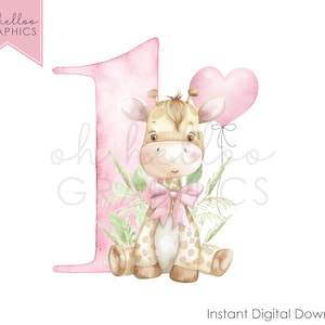 Rosa Giraffe PNG Clipart, Sublimationsbild, 1st Geburtstag Sofortiger digitaler Download Pyjama Design Geburtstag Tshirt Weste Eisen auf Bild