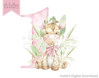 Pink Giraffe 1st Birthday Clipart, Safari Animal PNG (Digital Download)