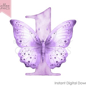 1st Butterfly Clipart Watercolour Purple Number 1 PNG One Birthday Sublimation Design Butterfly Birthday Party Butterfly Instant Download