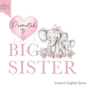 Gepromoveerd tot grote zus PNG-clipart, schattige olifant babyaankondiging, gender Reveal, It's A Girl, opstrijkontwerp, UVD-afbeelding DTG-afbeelding