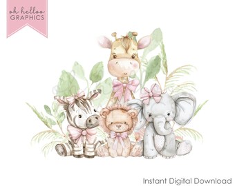 Pink Safari Animals Clipart, Birthday Sublimation Design (Digital Download)