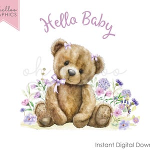 Hallo baby PNG-clipart, sublimatie lila paars nieuwe aankomst teddybeer digitale download ontwerp baby vest kaart slabbetje tshirt aandenken ontwerp