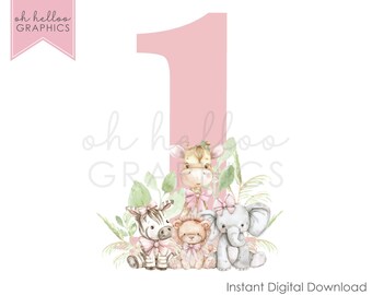 Pink Safari 1st Birthday Clipart, Bow Animals PNG (Digital Download)