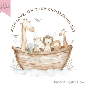 Clipart PNG di animali dell'Arca di Noè, Immagine di sublimazione, Biglietto di auguri per il giorno del battesimo Download digitale istantaneo Design per il giorno del battesimo Gilet per neonati Ricordo