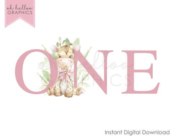 Pink Giraffe 1st Birthday Safari Clipart PNG (Digital Download)