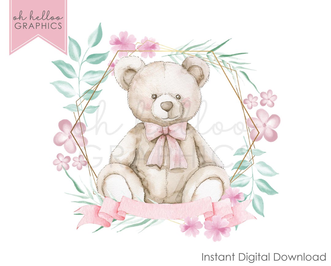 Cute Teddy Bear PNG Clipart Floral Wreath Sublimation Image Baby Shower ...