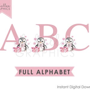 Alfabeto de pingüino rosa navideño, imágenes prediseñadas para niñas, imagen PNG, linda Navidad, descarga instantánea, imágenes prediseñadas de primera Navidad, sublimación, UV, DTG, planchado, impresión