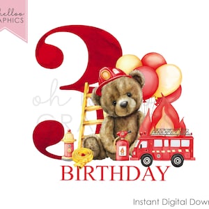 Firefighter Clipart 3rd Birthday PNG Clipart Teddy Fireman, Iron On Design, Uvdtf Image Dtg Graphic Invitation Baby Vest Tshirt Png Print