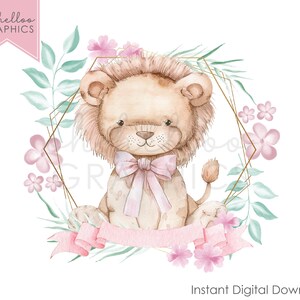 Lindo León PNG Clipart, Corona de Flores Safari Sublimación Imagen Nuevo Baby Shower Diseño Descarga Digital Instantánea Acuarela Niñas Cumpleaños