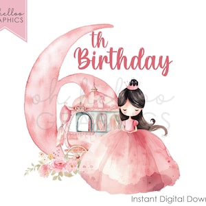 Princess PNG Clipart Sublimation Girly Pink 6th Birthday Instant Digital Download Pyjama Design PartyInvite Tee Card Tshirt Keepsake Design