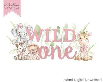 Pink Giraffe Wild One Safari 1st Birthday Clipart (Digital Download)