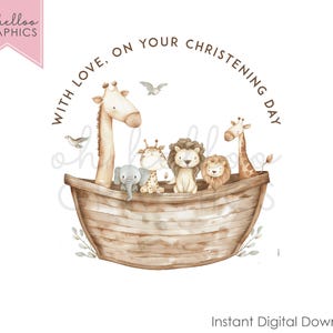Clipart PNG di animali dell'Arca di Noè, immagine di sublimazione, biglietto del giorno del battesimo, download digitale istantaneo, design del giorno del battesimo, gilet per neonati, ricordo