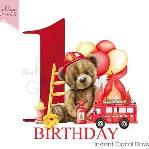Firefighter Clipart 1st Birthday PNG Clipart Teddy Fireman, Iron On Design, Uvdtf Image Dtg Graphic Invitation Baby Vest Tshirt Png Print