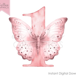 1st Butterfly Clipart Watercolour Pink Number 1 PNG One Birthday Sublimation Design Butterfly Birthday Party Butterfly Instant Download