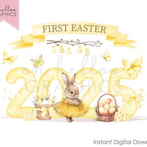 1e Pasen PNG Clipart 2025 konijn sublimatie afbeelding gele kaart Instant digitale download paaseieren mand ontwerp babyvest aandenken