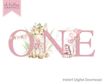 Pink Giraffe 1st Birthday Clipart, Coquette Safari (Digital Download)