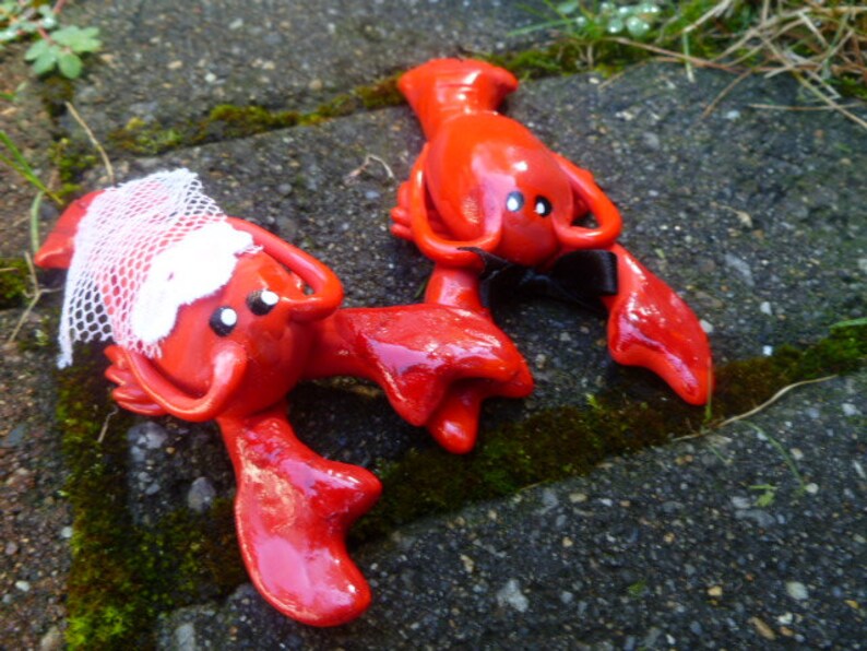 Lobster Wedding Couple Cake Topper Mini Marble Friends Set of Two in Red Bride and Groom