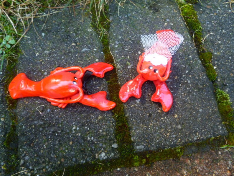 Lobster Wedding Couple Cake Topper Mini Marble Friends Set of Two in Red Bride and Groom