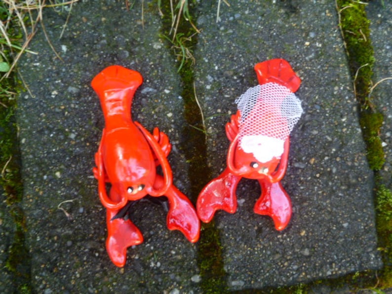 Lobster Wedding Couple Cake Topper Mini Marble Friends Set of Two in Red Bride and Groom