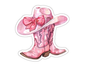 Cowgirl Sticker Pink Bow with Cowgirl boots and Cowgirl Hat Cowboy Boots and Bow Sticker