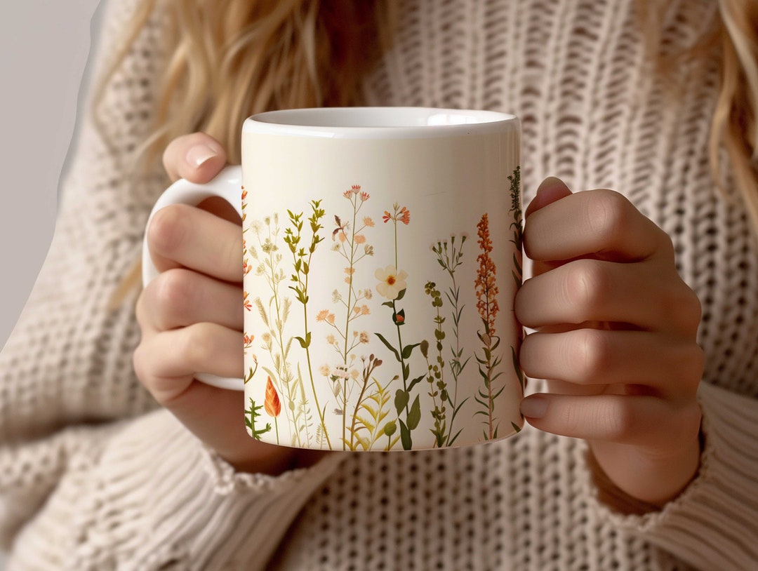 Pressed Flowers Mug, Boho Wildflowers Cottagecore Coffee Mug, Flower ...