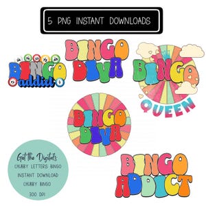 Bingo Clipart, Chubby Letter Bingo Queen, Diva, Addict PNG Pack, Instant Digital Download for all of your Needs, Colorful Bingo Clipart