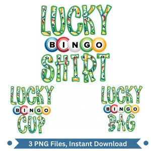 3 Pack Bingo Clipart, Fun Colorful Bingo Clipart, Bingo Ball Font, Lucky Shirt Png, Lucky Cup, Lucky Bag, All Instant Downloads, 300 DPI
