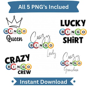 5 Pack Bingo png Bingo Ball Design Downloads, 300 DPI, 12x12, Lucky Bingo Designs, Bingo Queen, Bingo Crew