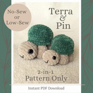 May include: A crochet pattern for making two plush turtle toys, one larger and one smaller. The pattern is called "Terra & Pin" and is a 2-in-1 pattern. The pattern is available as an instant PDF download. The turtles are crocheted in a green and beige colour scheme.