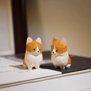 1.8&#39;&#39;Hand carved Wooden Dog Figurine for Desk Decor Gift,corgi carved,Cut dog wooden Art Carved Ornament,Wood Statue,Holiday gift