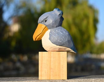 4&#39;&#39;Natural Hand carved Wooden Shoebill Figurine for Desk Decor,Garden Decor,Cute Bird Wooden Art Carved Ornament,Wood Statue,Christmas gift