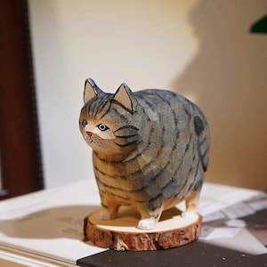 3.2&#39;&#39;Hand carved Wooden Cat Figurine for Desk Decor Gift,Cut cat wooden Art Carved Ornament,Wood Statue,Holiday gift