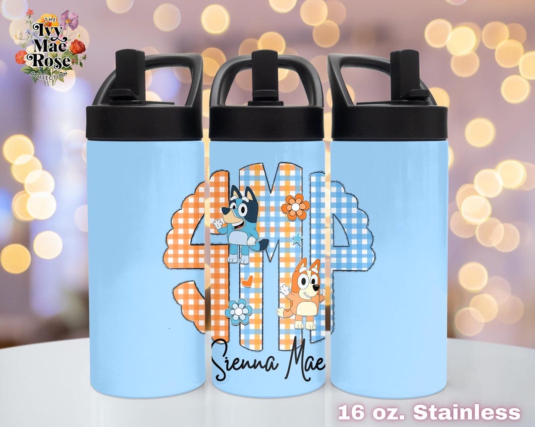 Personalized Bluey and Bingo Monogram 16 Oz. Stainless Steel Kids ...
