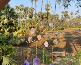Raw Crystal Agate Slice Suncatcher | Boho Wind Chime Decor