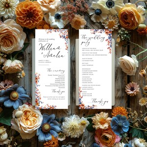 Peut inclure: Programme de cérémonie de mariage avec des accents floraux dans des tons de bleu, orange et blanc. Le programme comprend les noms des mariés, William et Amelia, la date du mariage, le 8 mars 2021, et le lieu, Atlanta, Géorgie. Le programme comprend également l'ordre de la cérémonie et une liste des invités du mariage.