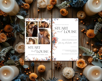 Photo Navy Blue Burnt Orange Wedding Invitation Template, Terracotta Navy Wedding Invitation CANVA, Navy Burnt Orange Wedding, 5x7, TL01