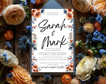 Navy Blue Burnt Orange Wedding Invitation Template, Terracotta Navy Blue Wedding Invitation CANVA, Navy Burnt Orange Wedding, 5x7, TL01