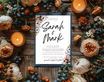 Navy Burnt Orange Wedding Invitation Template, Terracotta Navy Blue Wedding Invitation CANVA, Navy Blue Burnt Orange Wedding, 5x7, TL01