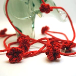 Red Lariat Statement Necklace - Eclectic Organic Style - Crochet Flower Design Necklace - Bohemian Rhinestone Accent - European Floral Charm