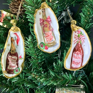 Oyster Shell Christmas Ornaments - Festive Vintage Christmas Bottles - Handmade Decoupage Shell - Holiday Tree Decorations - Christmas Gift