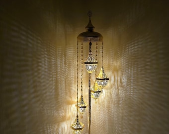 Boho Moroccan Floor Lamp with Handmade Colorful Mosaic Glass Shade for Cozy Rooms
