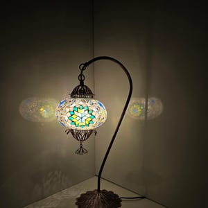 Elegant Turkish Mosaic Glass Swan Neck Lamp with Filigree Design in Copper Hue