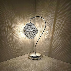 Handcrafted Moroccan Silver Table Lamp: Bohemian Home Decor Lighting